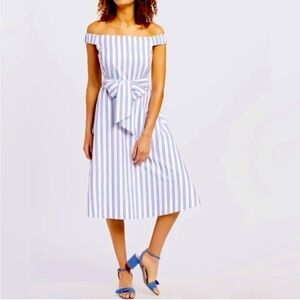 NWT Draper James off the shoulder white with navy blue and light blue stripes.